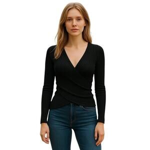 Guess Sweater Womens Small Black Ribbed Wrap Surplice Knit Long Sleeve Top